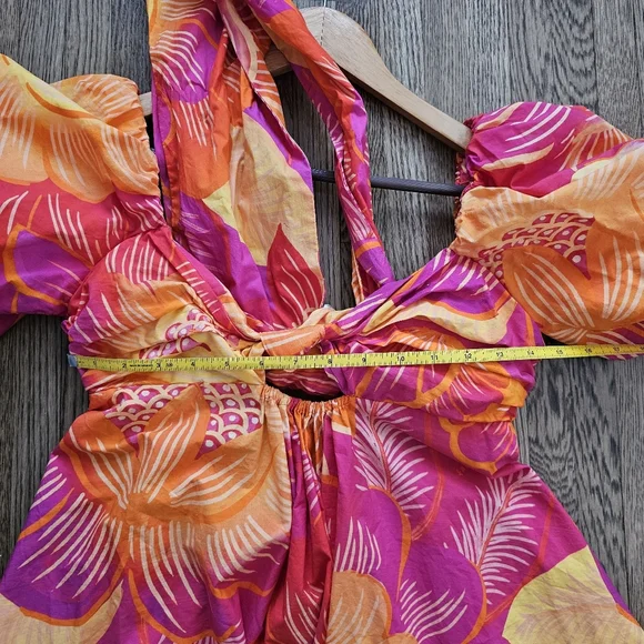 FARM Rio summer garden ombre puff sleeve tie back mini dress floral orange pink - Picture 8 of 10
